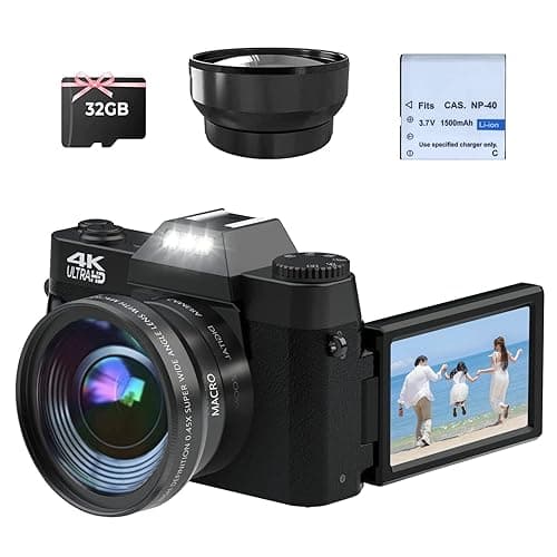 CCN Digitalkamera 4K 48MP, Fotokamera mit 180° Flip 3.0" Bildschirm, 16X Digitalzoom Kompaktkamera, 64GB TF-Karte, mit Macro Linse und Weitwinkel Linse, WiFi-Funktionalität, Upgrade-Version, Schwarz