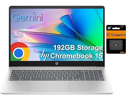 HP Chromebook Laptop 15 (39,6 cm (15,6 Zoll) blendfrei, Intel N200 (> i3-1115G4), 8 GB DDR5 RAM, 192 GB Speicher (64 GB eMMC + 128 GB SD-Karte), Numeric KB) Home & Student, Webcam mit Auslöser, WLAN