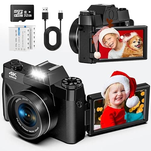 Digitalkamera 4K 56MP Fotokamera mit 180° Flip 3.0" Bildschirm Autofokus Kompaktkamera mit 32G SD Karte& Zwei 1500mAh Batterien für Kinder Ältere Anfänger (Schwarz)