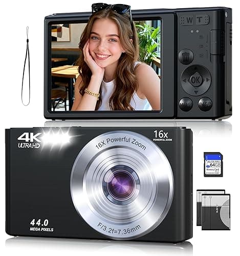 4K Digitalkamera, 44MP FHD Fotokamera mit Autofokus 16X Digitalzoom Fotoapparat Tragbare Kompaktkamera, 2.8" LCD Bildschirm,64GB Karte & 2 Akku für Teenager, Anfänger