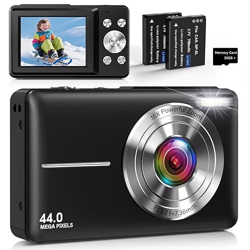 Digitalkamera Kompakte Kamera Fotokamera mit 44MP Foto, 1080P Video, 2,4 Zoll IPS Bildschirm, 16X Digitalzoom, 32GB TF-Karte, 2 Batterien, Geeignet für Jugendliche & Jungen, Mädchen Schwarz