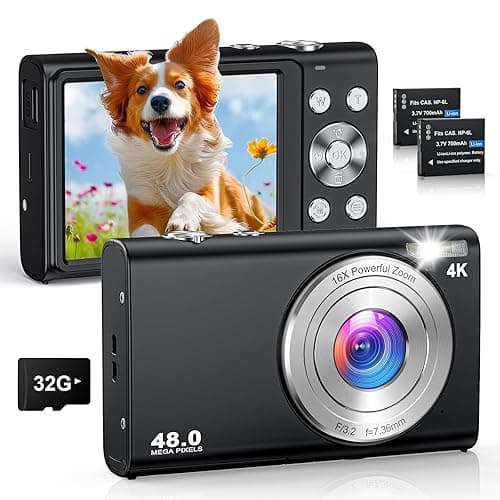 4K Digitalkamera 48MP Autofokus Kamera Fotokamera mit 32GB Karte, 16X Digitalzoom, Kompakte Digitalkamera mit 2 Akkus für Anfänger