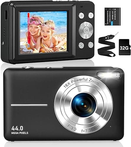 Digitalkamera Fotokamera FHD 1080P 44MP 32G Karte Kompaktkamera 16X Digitalzoom Fotoapparat Digitalkamera Klein Einfache Bedienung Selfie mit 2 Akku für Kinder Anfänger Junge Mädchen