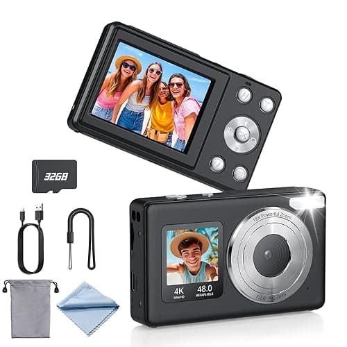 eSynic Digitalkamera Fotokamera 48MP 4K - Kompakte Digitalkamera mit Dual Screen 32G Karte 18x Digitalzoom und LED-Licht für Kinder und Anfänger - Leicht & Tragbar für Reisen, Vlogs -Schwarz