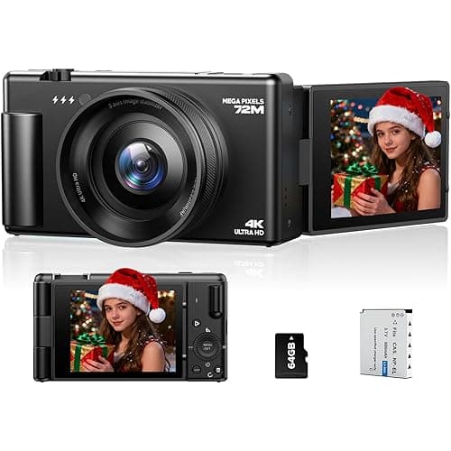 Digitalkamera 4K, 72MP Fotokamera 18X Digitalzoom Autofokus Vlogging-Kamera für YouTube, 2.8" 270° Klappbarer Bildschirm Digital Camera mit 64GB Karte & Akku für Anfänger Teenager Jugendliche