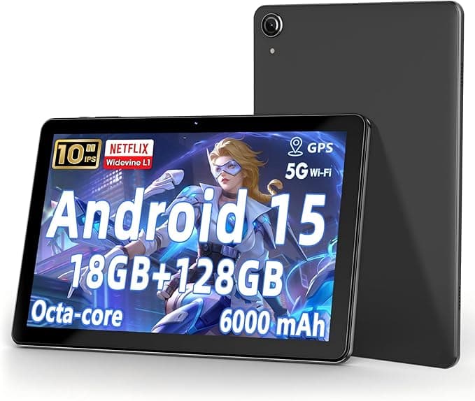 【10 Zoll Android 15 Tablet】 18 GB RAM + 128 GB ROM (erweiterbar auf 1 TB), Octa-Core-Prozessor, 1280 × 800 IPS HD-Display, 6000 mAh Akku, Dual 5 MP + 8 MP Kameras, 2,4 G/5 G WiFi
