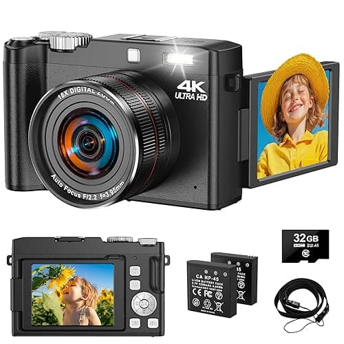 4K Digitalkamera, 64MP UHD Kompaktkameras - 2.8 Inch 180 Grad Autofokus Wiederaufladbare Vlogging-Kamera mit 32GB Karte &2 Akkus, 18X Digitalzoom für Kinder Anfänger Jugendliche
