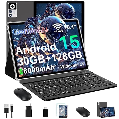 ZIOVO Android 15 Tablet 10 Zoll Gemini AI, 30GB RAM+128GB ROM(TF 1TB), 5G WLAN, Octa-Core 2.0GHz, Widevine L1, 8000mAh, BT 5.0, GPS, Face ID, Tablet mit Tastatur, Maus - Schwarz