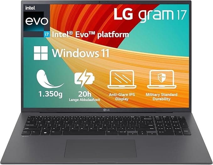 LG gram 17 Zoll Laptop mit Windows 11 Home Intel Core i7 Prozessor 16GB LPDDR5x RAM 512GB Dual SSD 17Z90R-G.AA76G - Grau