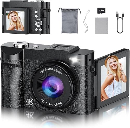 4K Digitalkamera Kamera Fotokamera- Maxmango 50MP Autofokus Vlogging Kamera mit 2.8" 180° Klappdisplay Fotoapparat, 16X Digitalzoom- kompaktkamera Retro mit 32GB SD für YouTube, Reisen, Einsteiger