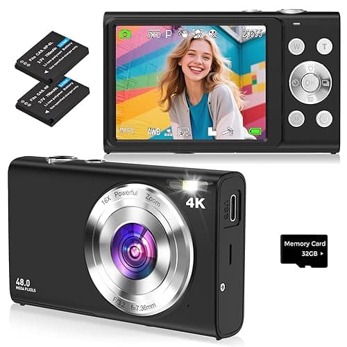 Digitalkamera, 4K Autofokus Fotoapparat Fotokamera mit 32G SD Karte HD 48MP mit 2.8" großem Bildschirm, 16X Digitalzoom, Kompaktkamera Tragbare Mini Kamera für Erwachsene, Anfänger (schwarz)